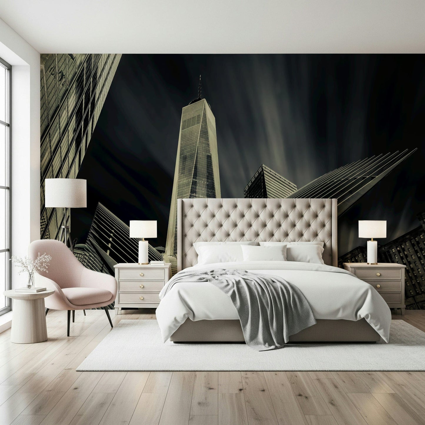 NYC Architectural Drama Wall Mural — modern cityscape highlighting architectural details and contrasts.