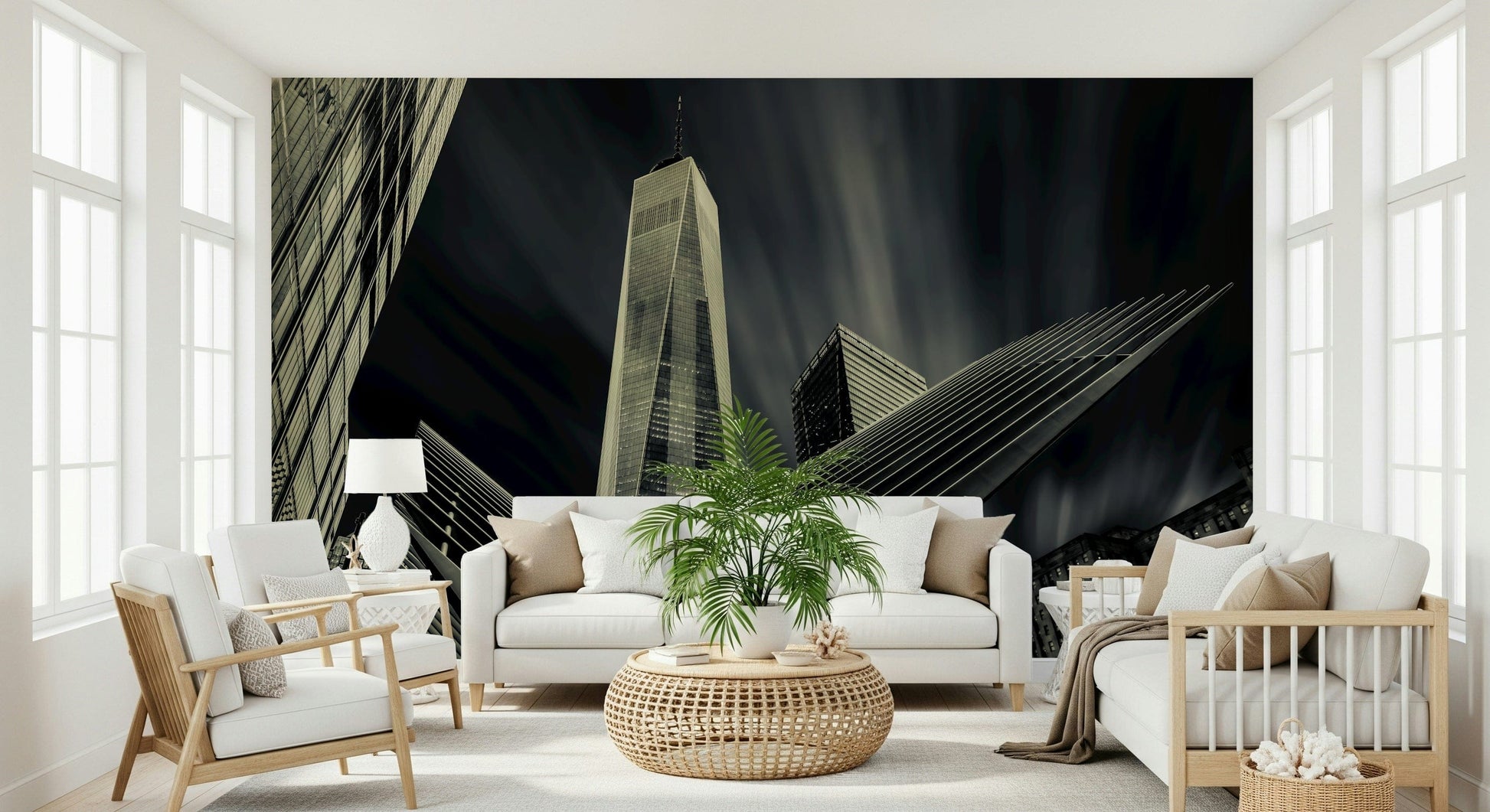 Wallpaper depicting NYC skyline with towering buildings in a dramatic urban composition.