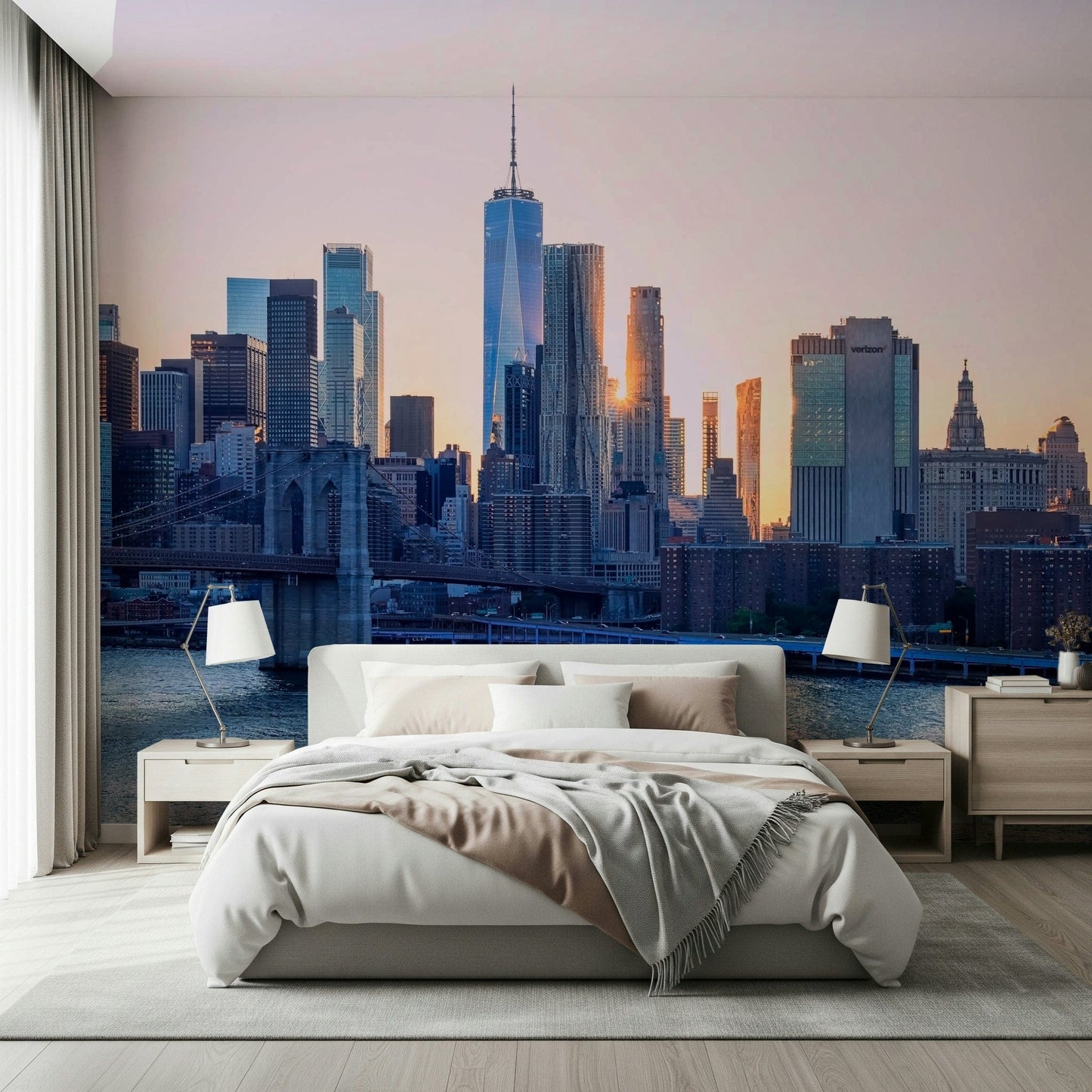 NYC Skyline Dream scenic riverfront wall mural skyscraper art.