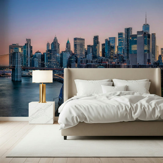 NYC Skyline Dusk wallpaper mural showcasing iconic bridge architecture.