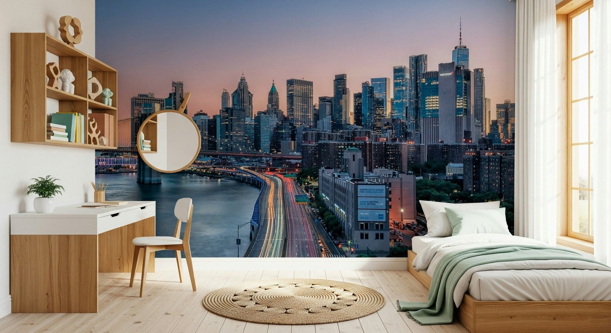 Stunning NYC Skyline Dusk wallpaper mural busy highway trails.