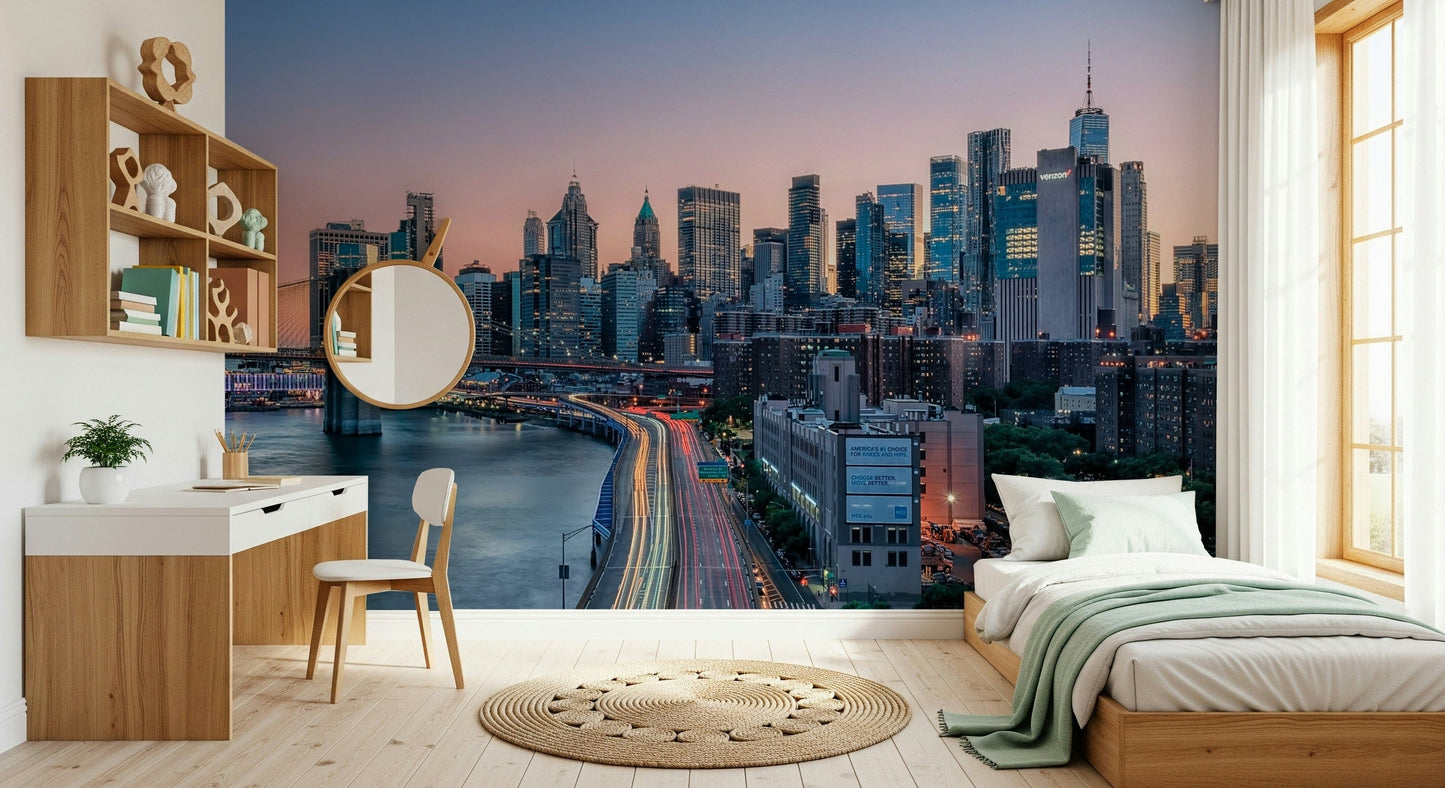 Stunning NYC Skyline Dusk wallpaper mural busy highway trails.