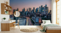 Stunning NYC Skyline Dusk wallpaper mural busy highway trails.