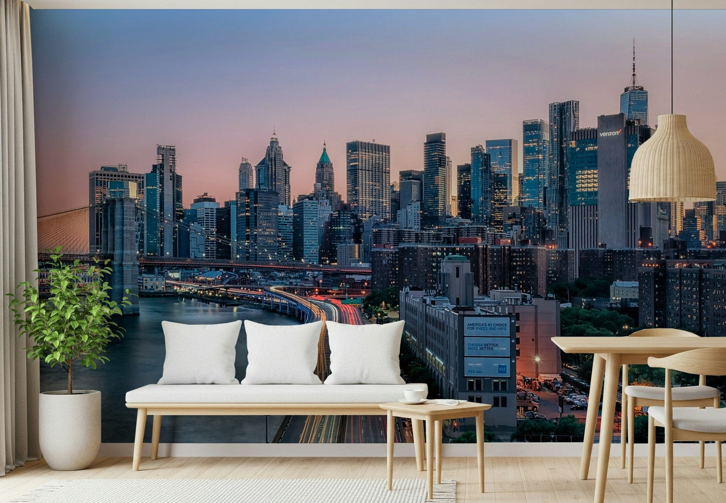 Modern NYC Skyline Dusk peel and stick mural decor.
