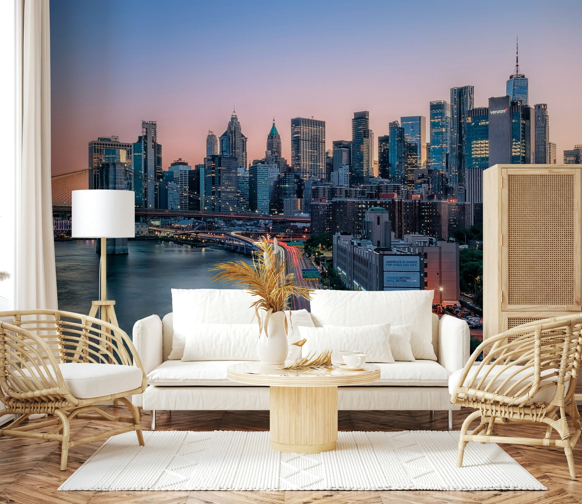 Vibrant NYC Skyline Dusk wallpaper mural dusk horizon colors.