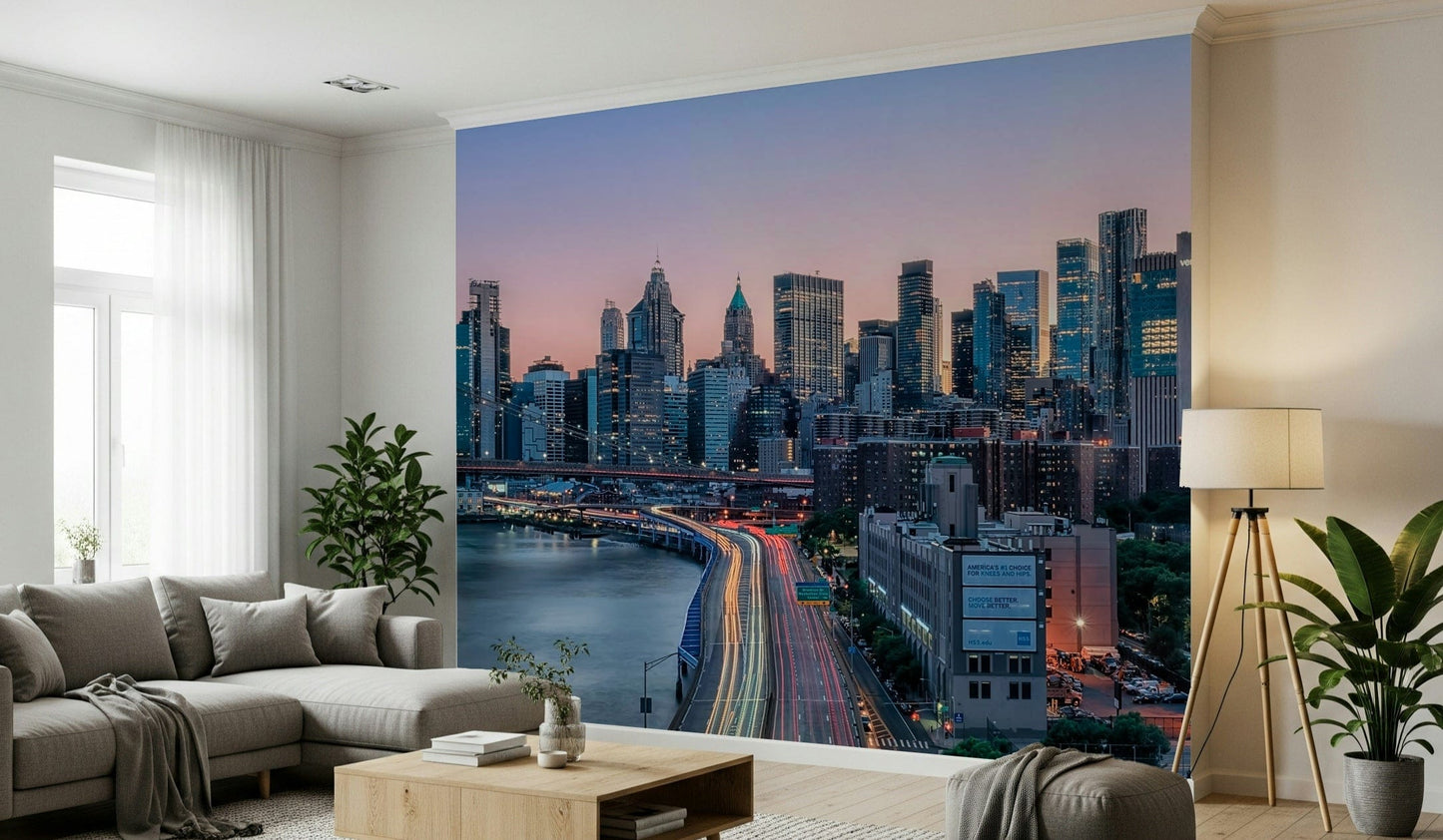 NYC Skyline Dusk wallpaper for walls urban metropolis scene.