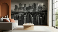 Grayscale New York City wall mural, striking dock pilings perspective.