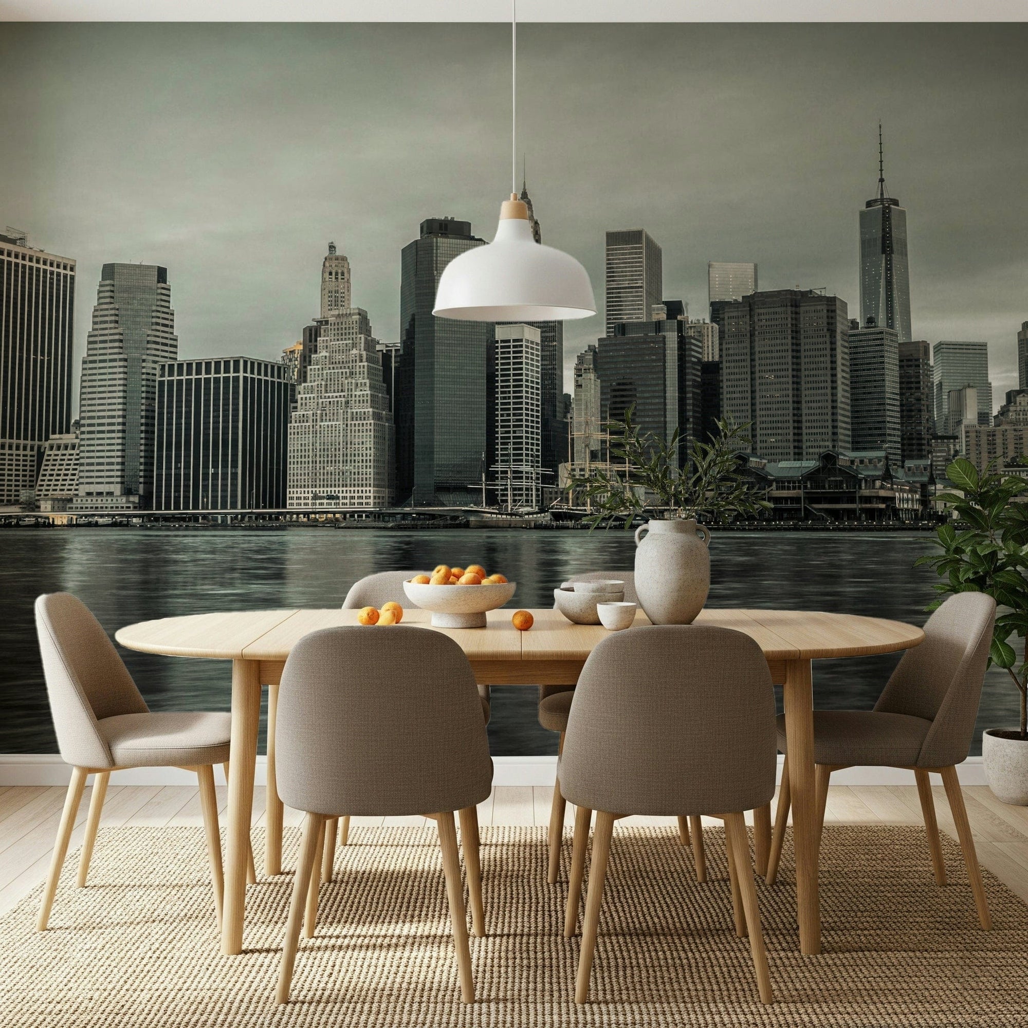 NYC Skyline wallpaper mural of Manhattan skyscrapers across the water behind a wooden dining table with taupe chairs