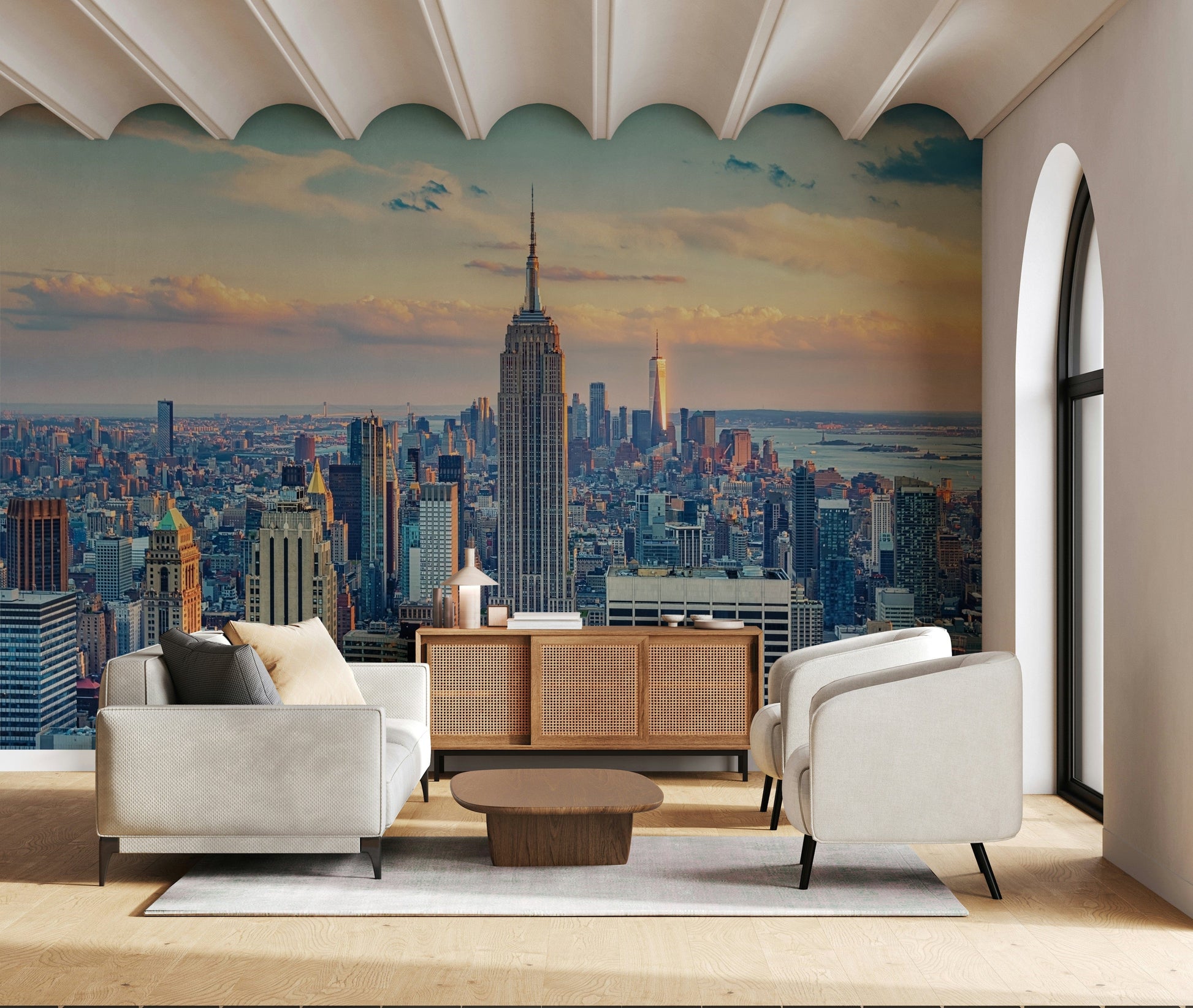 Elegant metropolis horizon via Manhattan Dawn Hues wallpaper mural.