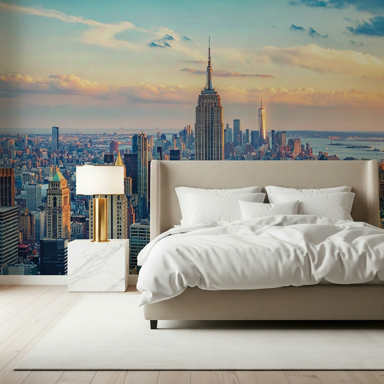 Manhattan Dawn Hues wallpaper mural showing golden city skyline.