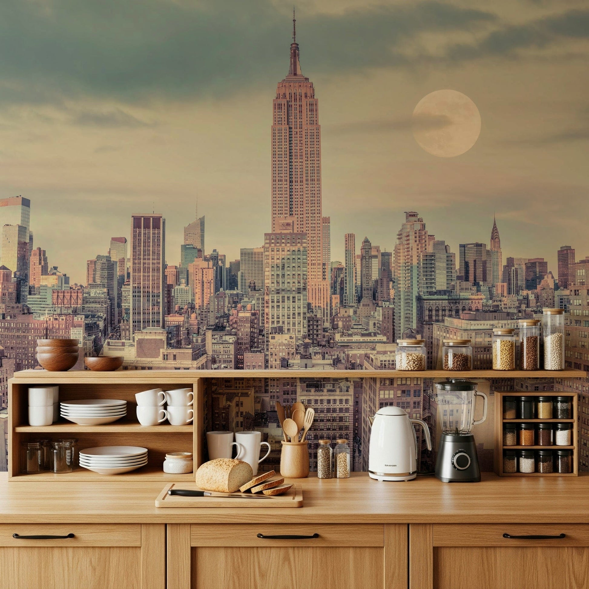 Cityscape Manhattan Skyline accent wallpaper, dramatic mood atmosphere.