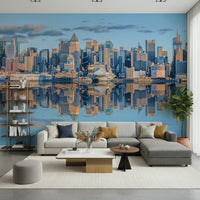 Modern city Lower Manhattan skyline wall mural sunrise light design.