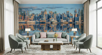 Cityscape panorama Lower Manhattan skyline wall mural mirror effect building pattern.