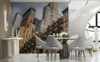 Urban jungle design NYC wallpaper, massive scale, intricate window patterns.