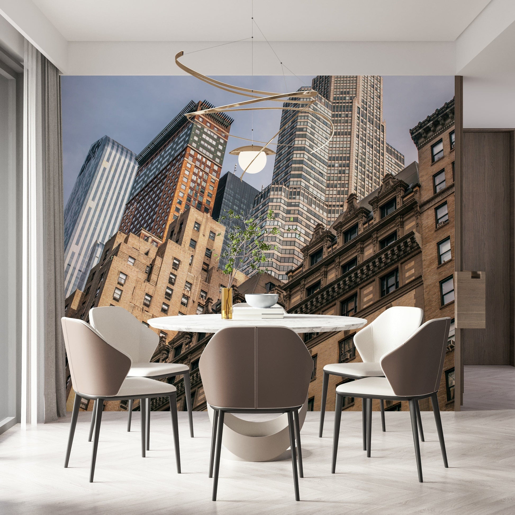 Upward view NYC buildings wallpaper, contrasting historic and modern facade.