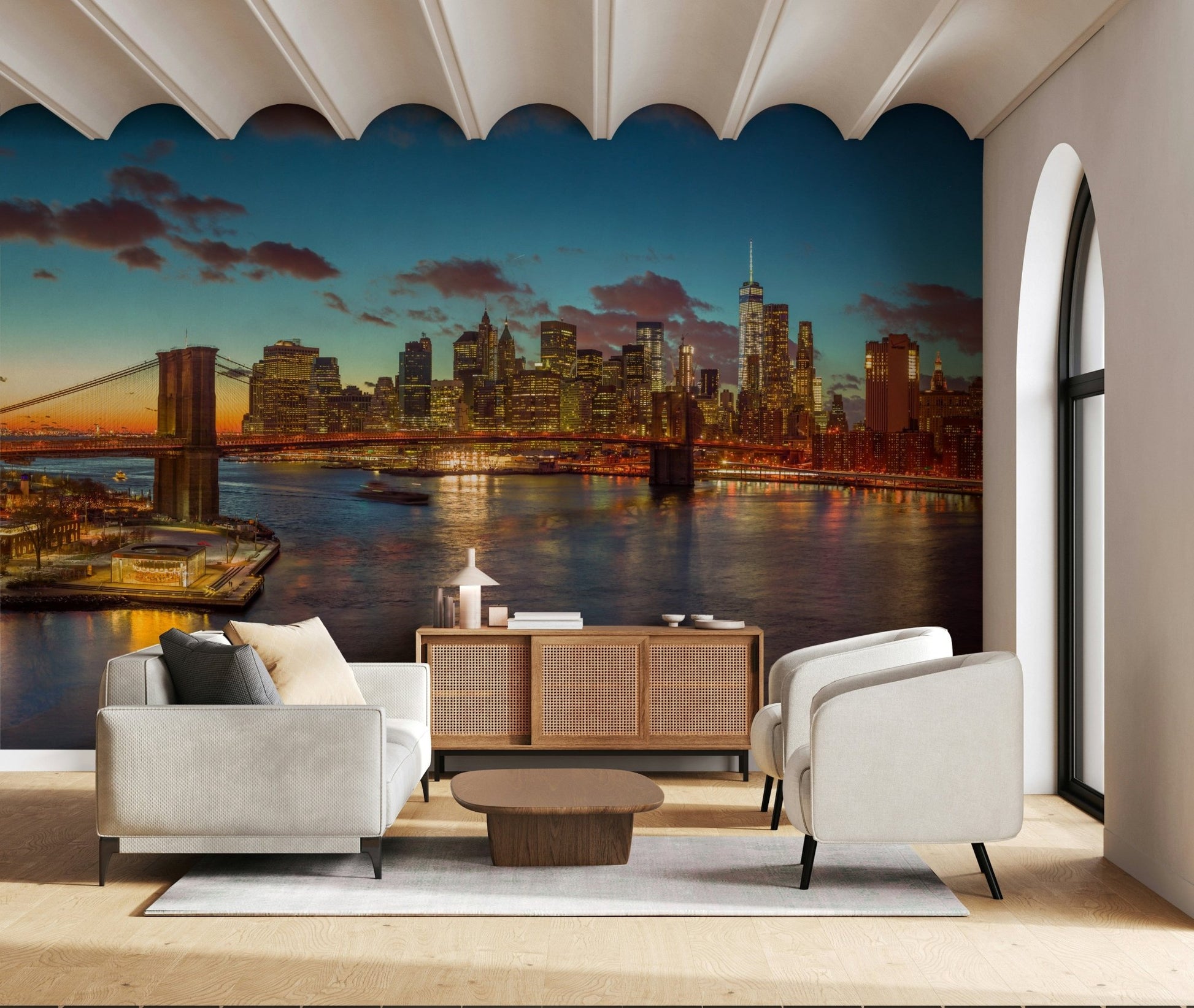 Famous suspension bridge, downtown glow, stunning NYC Twilight Sparkle mural.