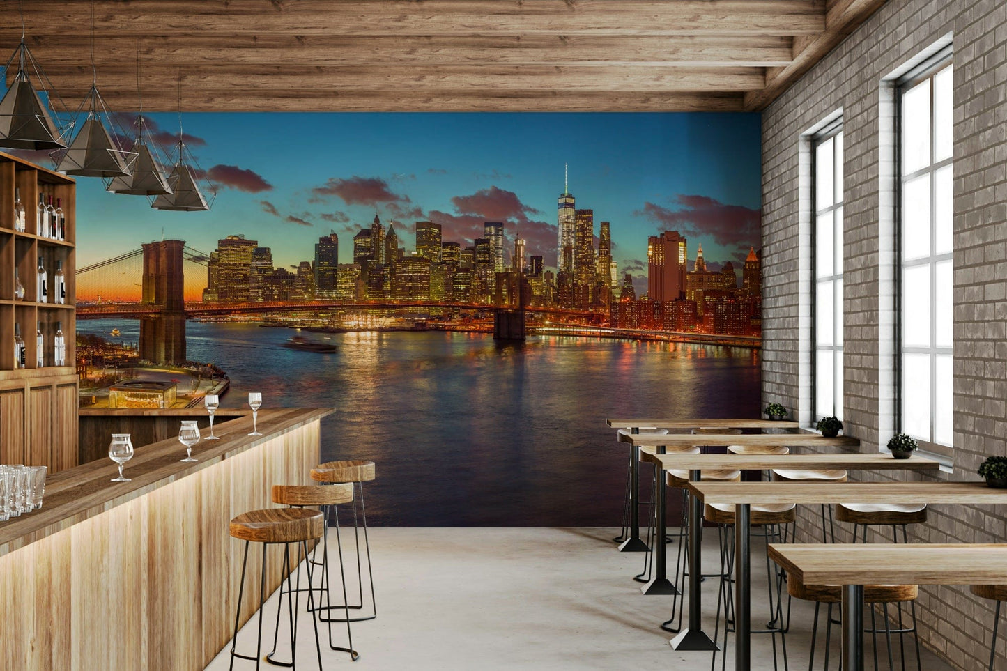 NYC Twilight Sparkle wall mural, Brooklyn Bridge, Manhattan skyline view.