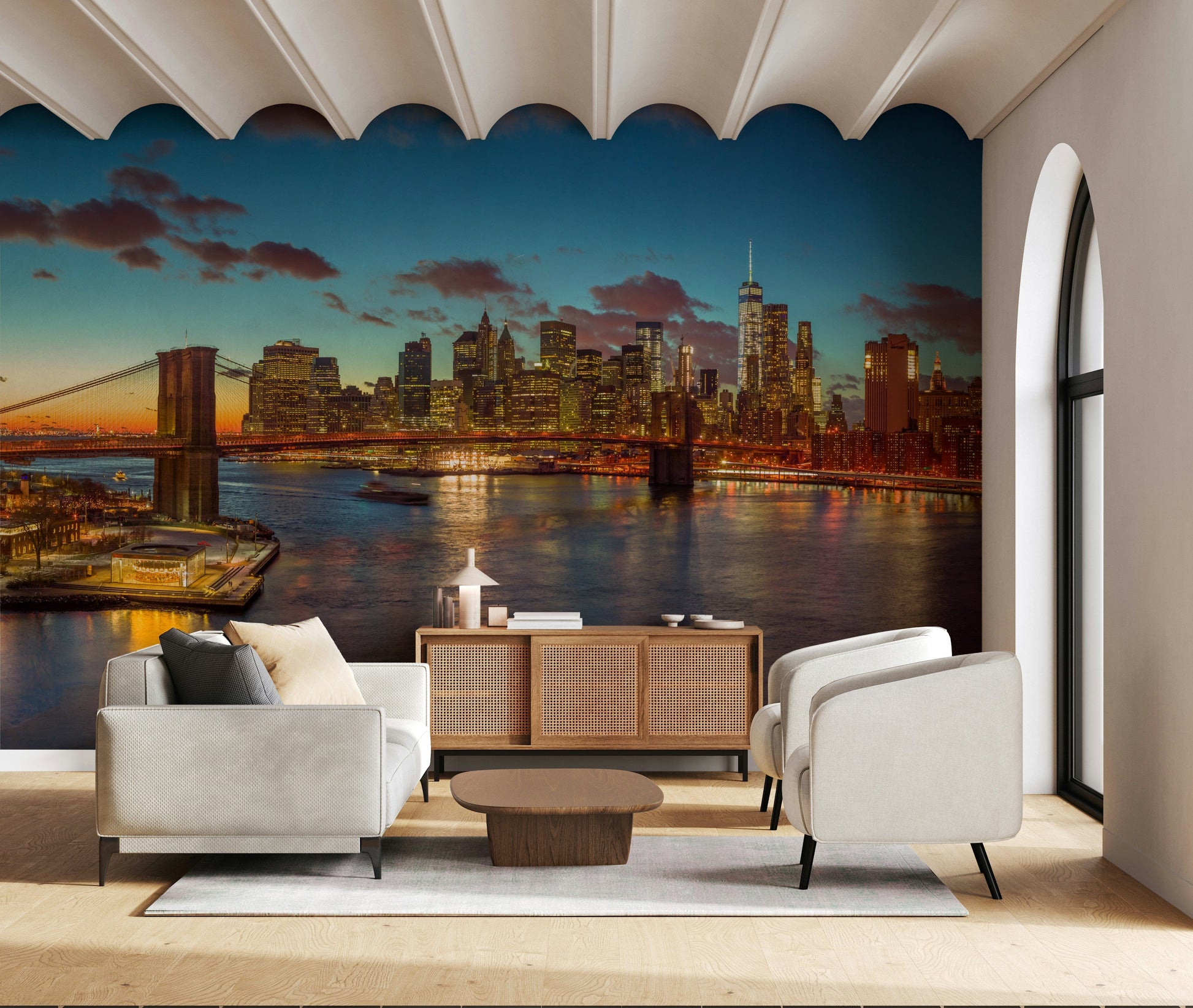 Famous suspension bridge, downtown glow, stunning NYC Twilight Sparkle mural.