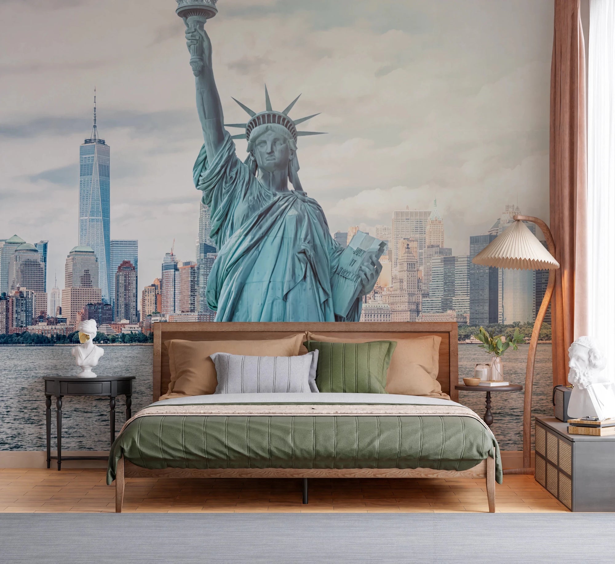 NYC's Lady Liberty wallpaper mural with the Statue of Liberty and skyline behind a wood bed with green bedding in a bedroom