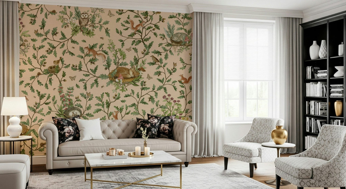 Oak Haven Wall Mural featuring detailed tree textures and peaceful forest scenery.