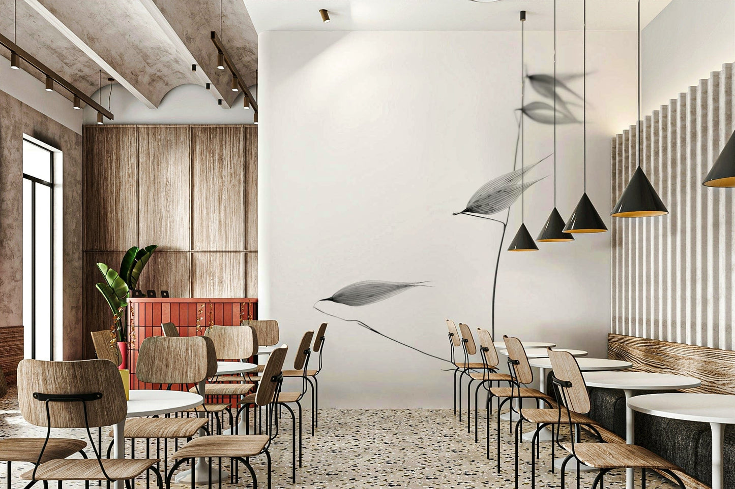 The wallpaper is used as a feature wall in a bedroom.

