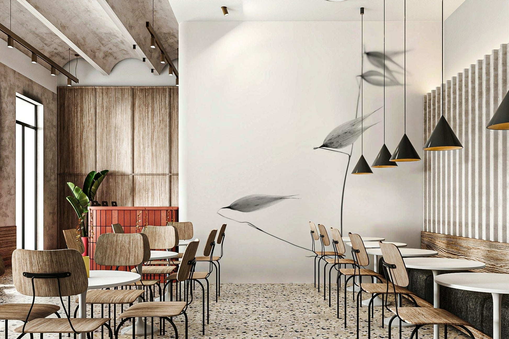 The wallpaper is used as a feature wall in a bedroom.

