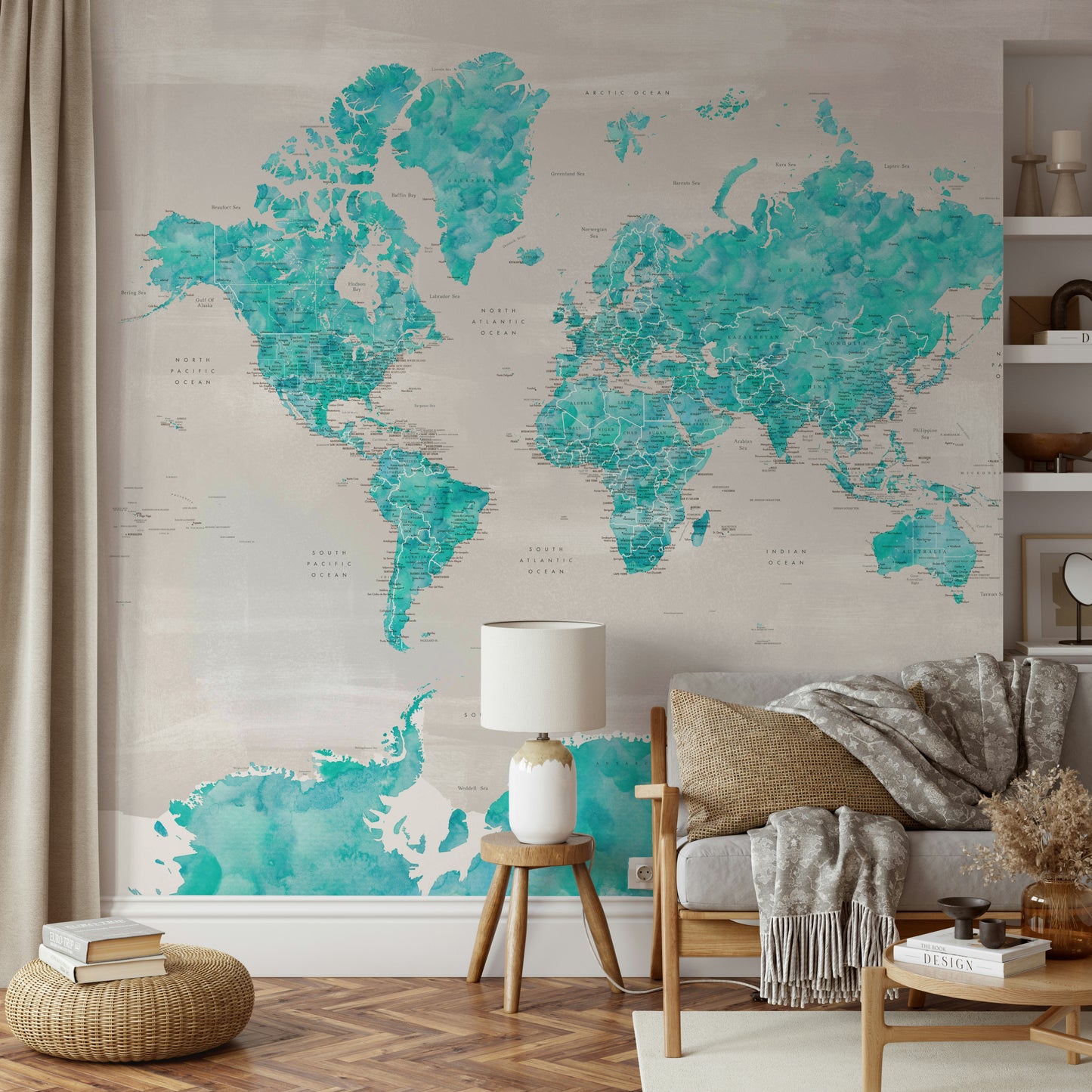 Decorative world map in refreshing oceanic blues


