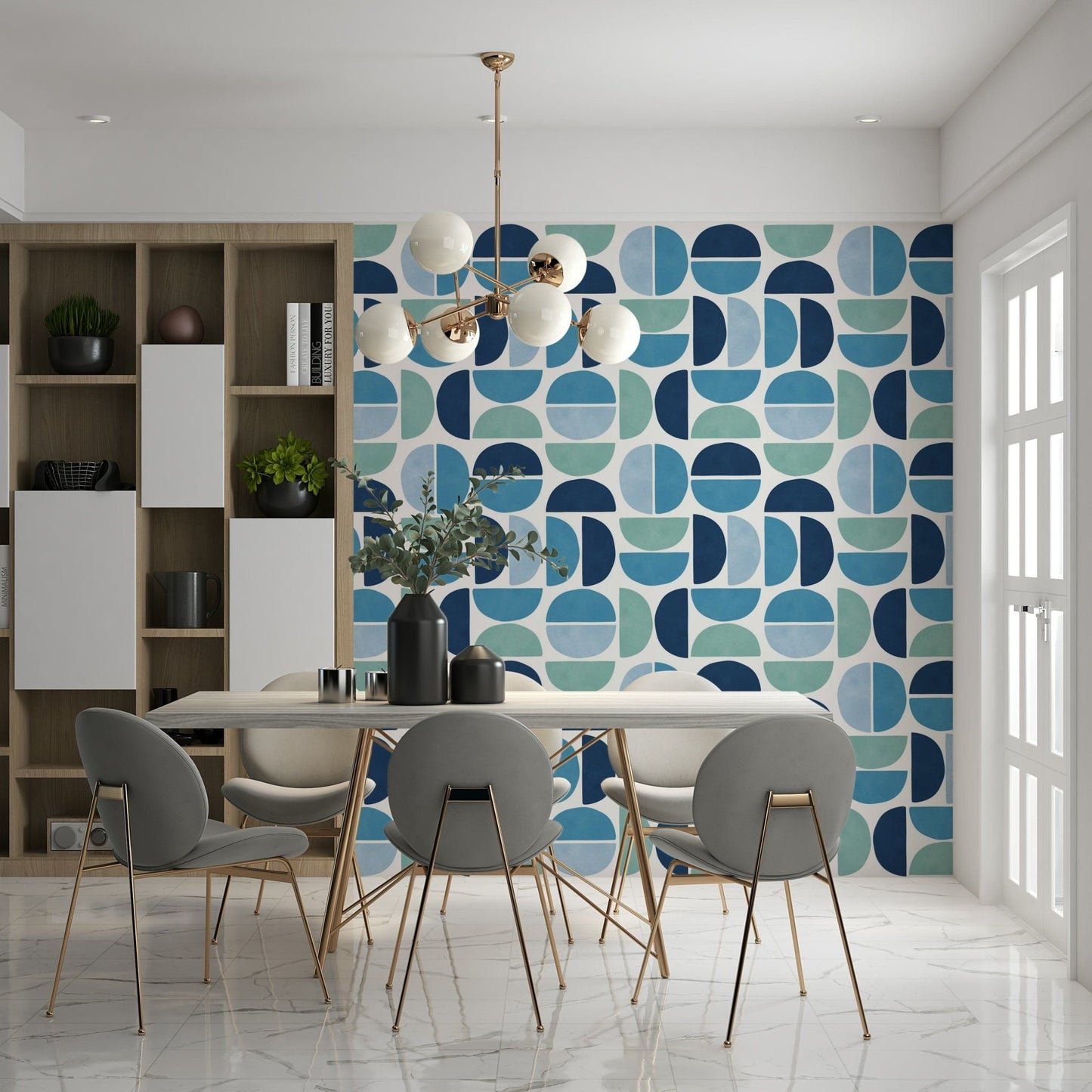Stylish semicircles, Ocean Echoes wallpaper, modern cerulean pattern.