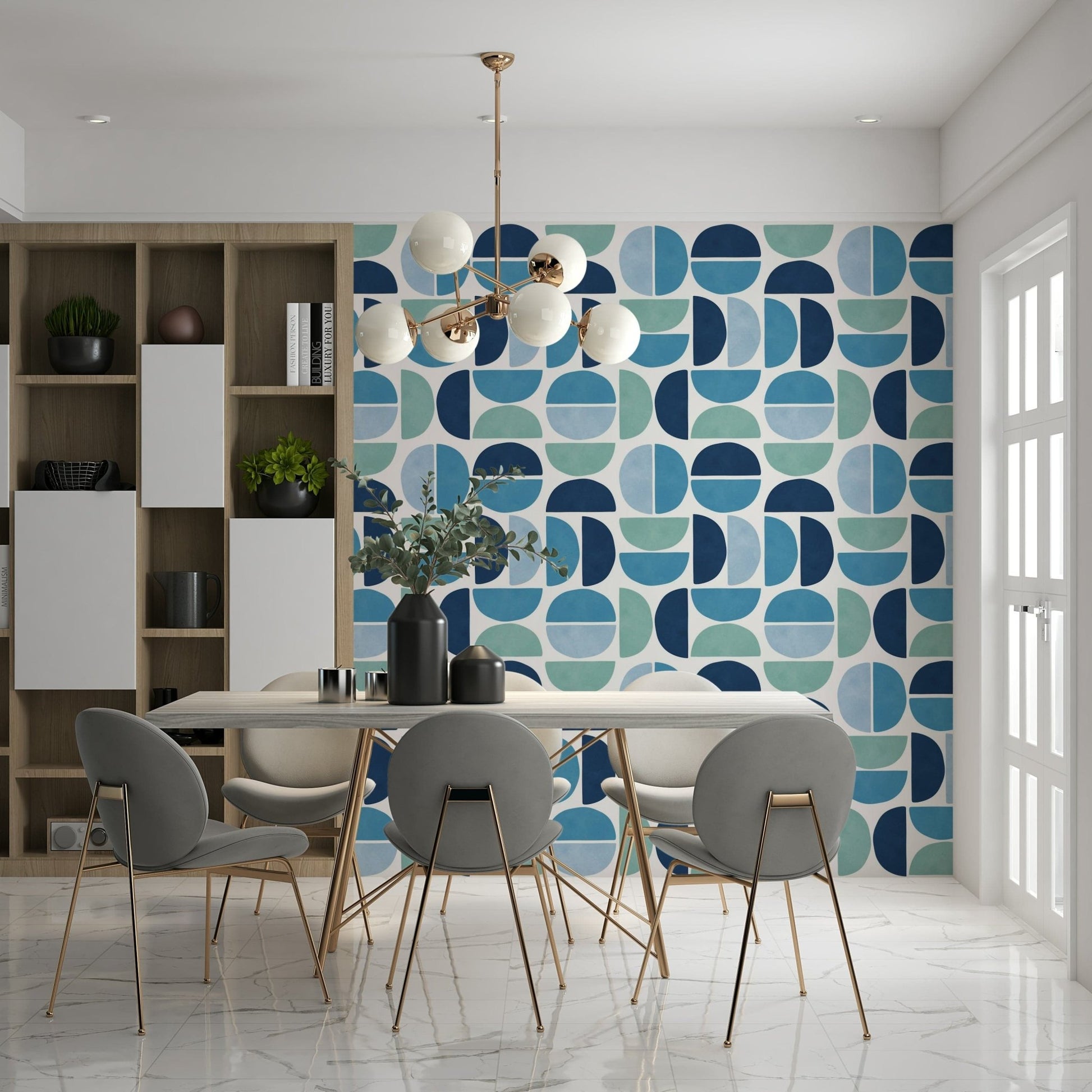 Stylish semicircles, Ocean Echoes wallpaper, modern cerulean pattern.