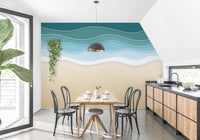 Tranquil ocean embrace mural with wave patterns