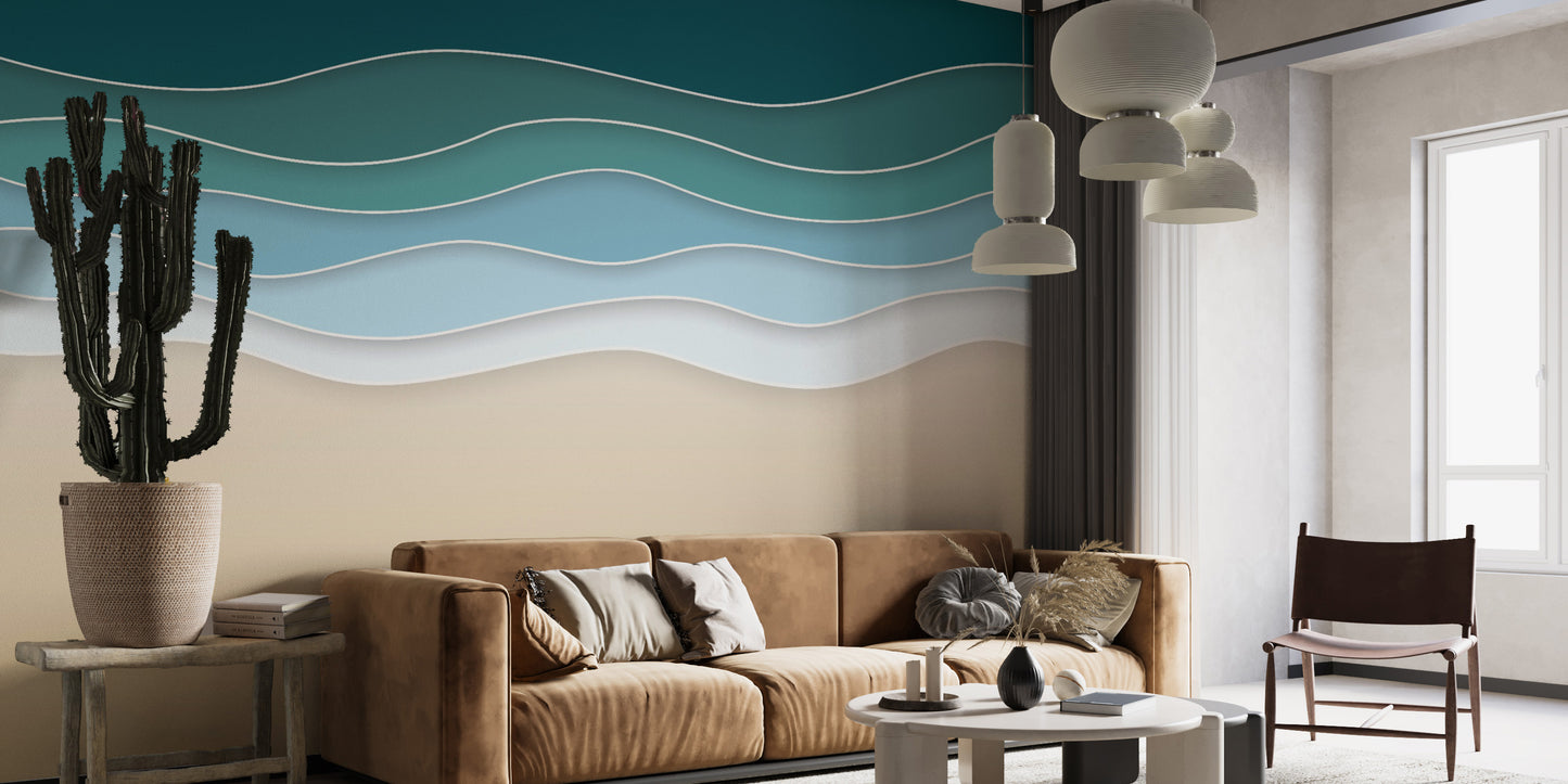 Elegant ocean-themed mural with layered wave art.