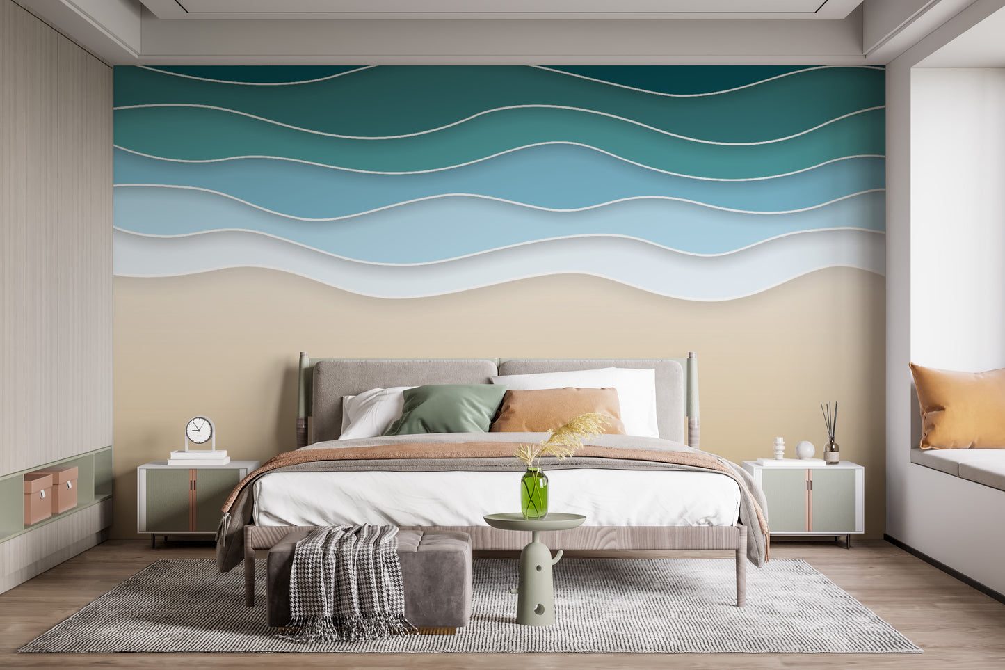 Layered wave mural creating a serene coastal feel