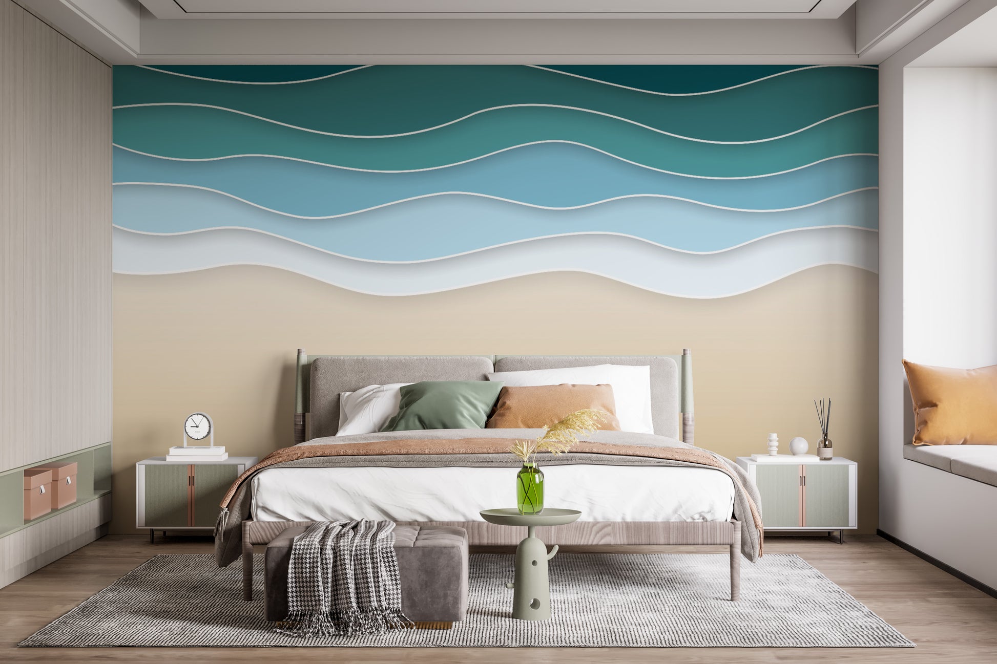 Layered wave mural creating a serene coastal feel