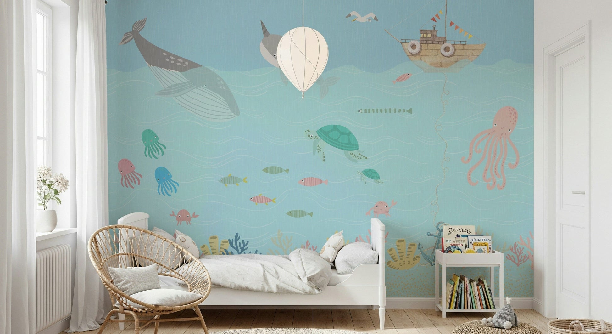Kids bedroom wall decor with cute ocean friends, pastel blue color scheme, front wall mural