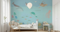 Kids bedroom wall decor with cute ocean friends, pastel blue color scheme, front wall mural