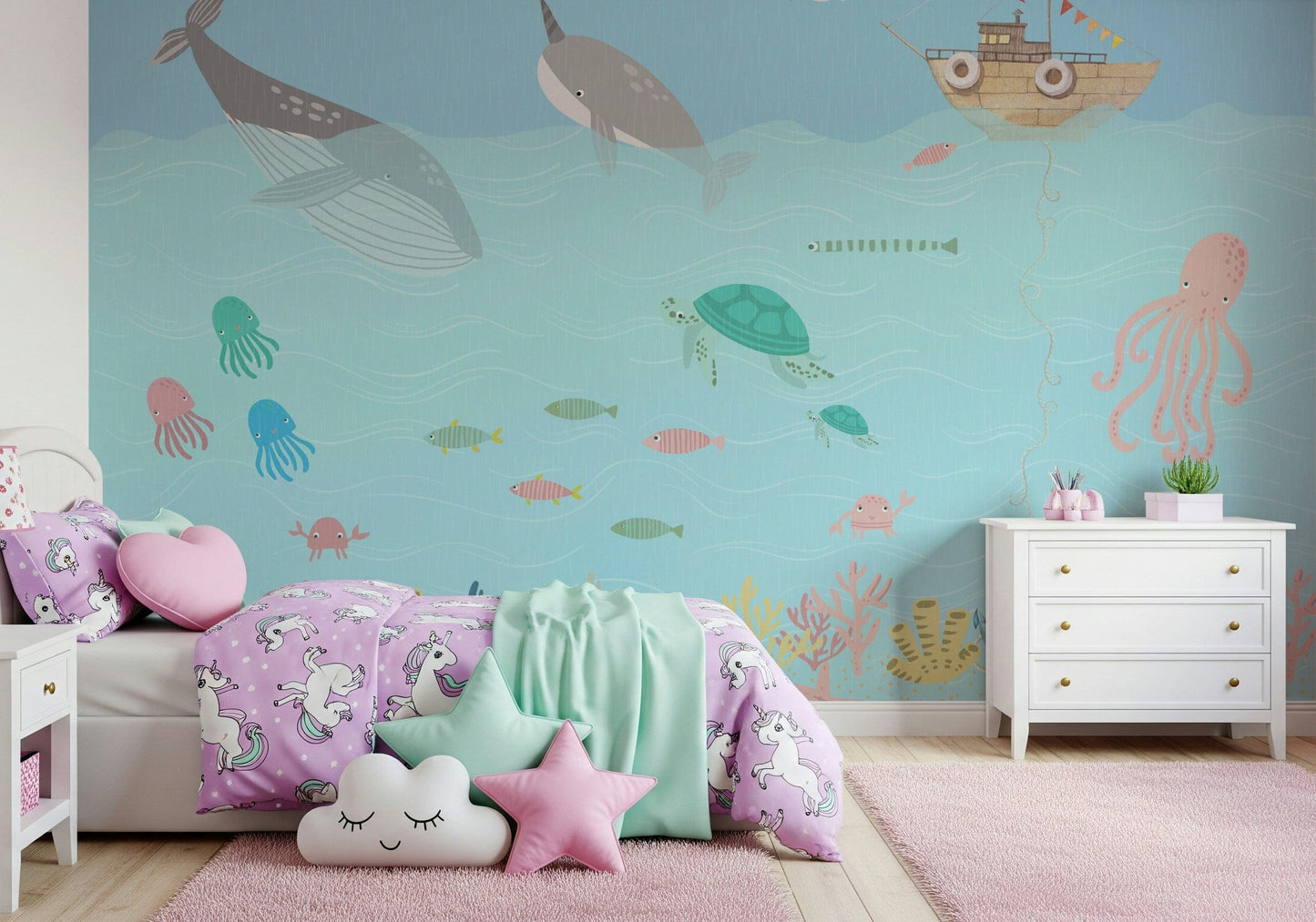 Ocean animals wallpaper mural for daycare room, playful style, blue color background, easy-care decor