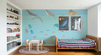 Nursery wall mural with coral and starfish illustrations, modern kids decor, behind crib wall