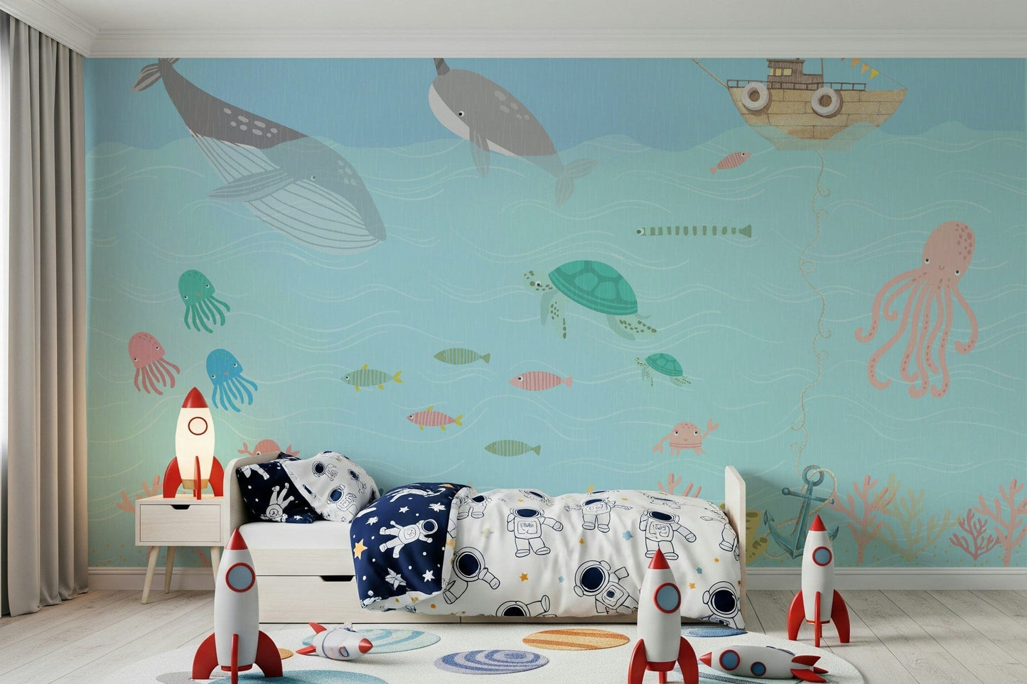 Kids playroom wallpaper mural with smiling whales and fish, pastel color tones, modern decor