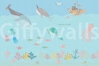 Underwater themed mural in kids study corner, friendly sea creatures, modern wall decor idea