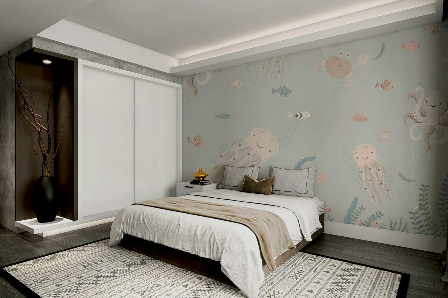 A peaceful wall mural with a whimsical underwater scene.

