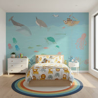 Ocean Friends' Playtime Wall Mural in reading nook, cartoon sea life, light blue color accents