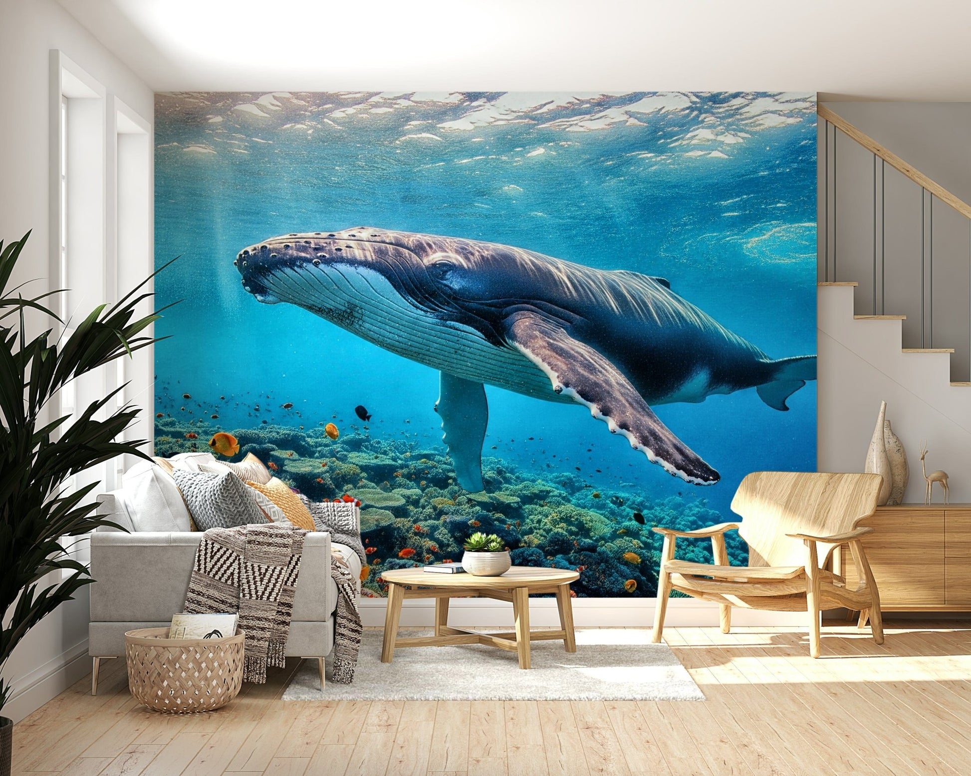 Realistic blue whale artwork in a modern urban lounge area.