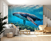 Realistic blue whale artwork in a modern urban lounge area.