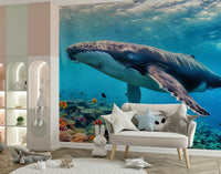 Large scale underwater art for a minimalist apartment office feature wall.