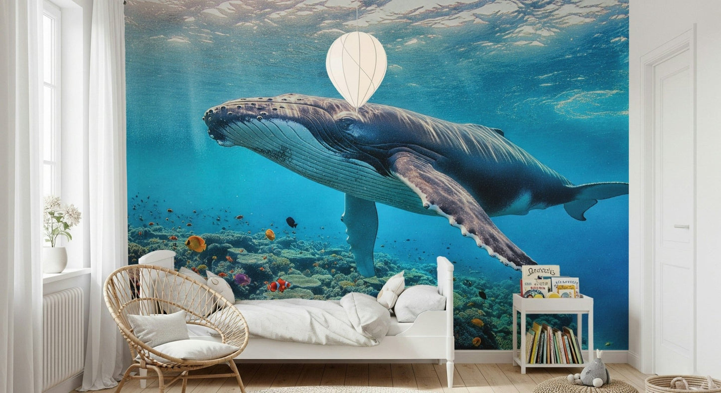 Ocean Giant's Realm Wall Mural with blue whales in a modern apartment bedroom.