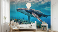 Ocean Giant's Realm Wall Mural with blue whales in a modern apartment bedroom.