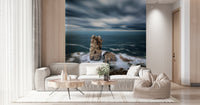 Beach wave wallpaper for bedroom feature wall, blue water and neutral sand