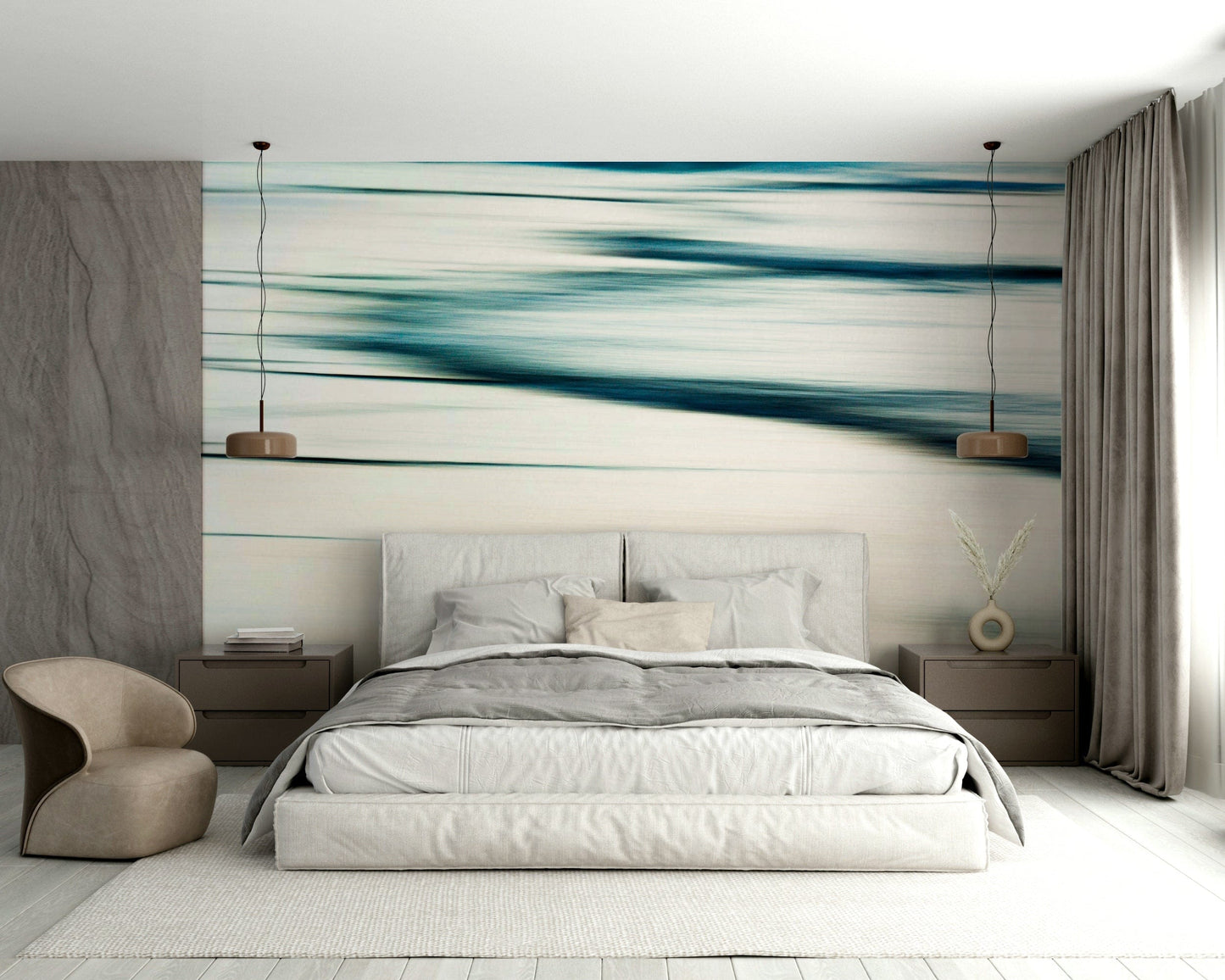 A graceful expressive wave wall mural in cool, natural tones.

