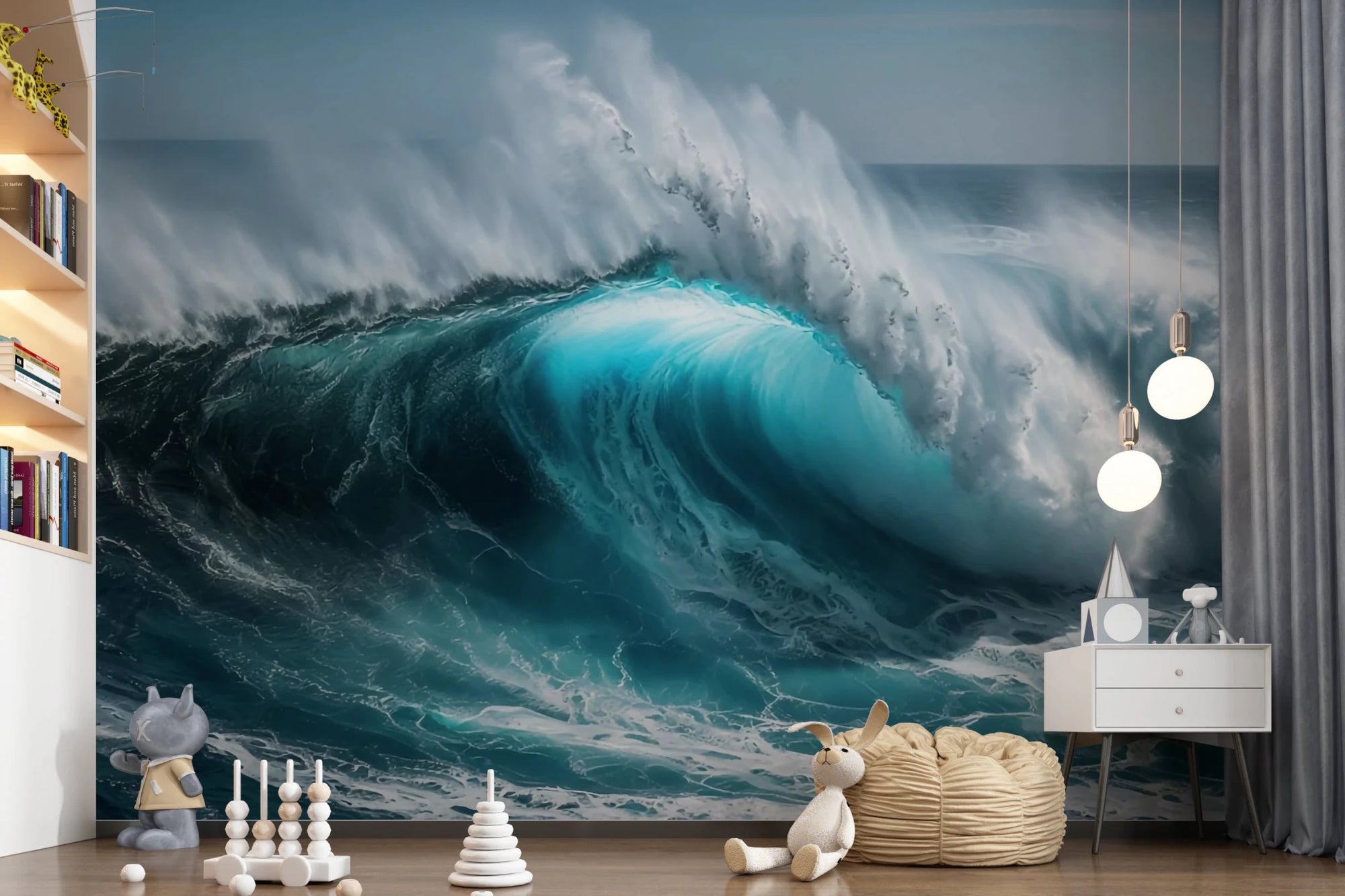 Ocean Surge wallpaper mural of a giant turquoise breaking wave with white foam in a kids room with soft toys and a bookshelf