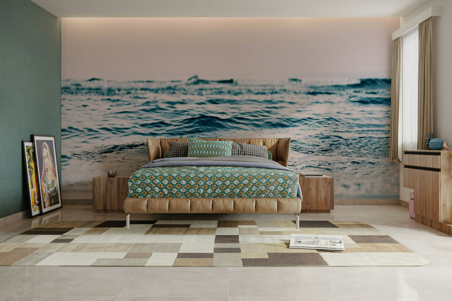 Ocean wave mural in soothing blush shades


